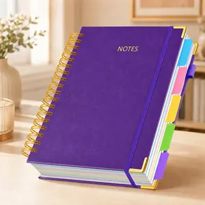 A5 Spiral Notebook, Vintage PU Hardcover, 300-Page 100GSM Thick Lined Paper, 5-Subject Design with Removable Dividers & Tabs, Notebooks for Work, Planner Journal for Students & Office