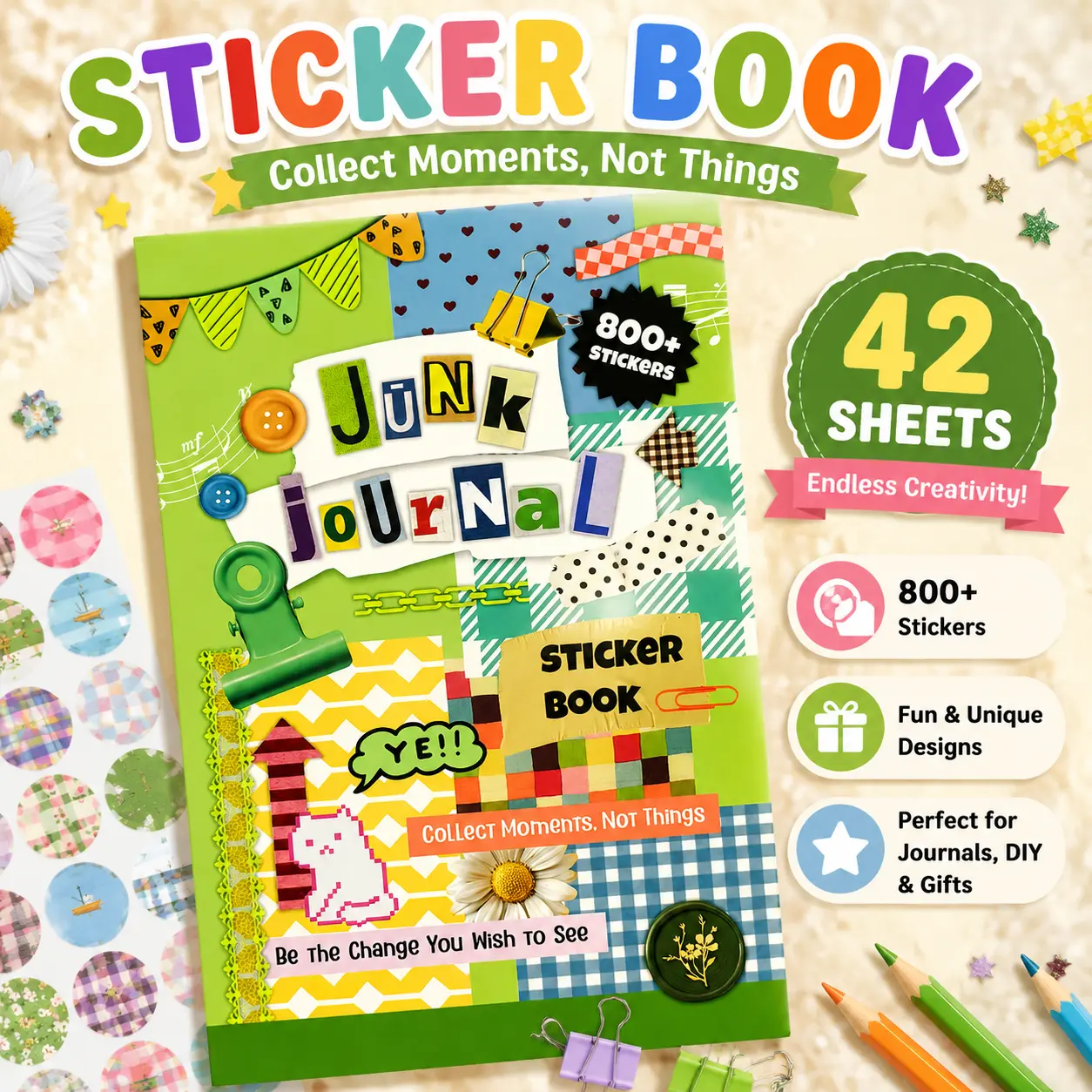 42-Sheet Vintage Junk Journal Kit Book - 800+ PCS PET Stickers, Matte Stickers & Scrapbook Papers for Journaling, Scrapbooking & DIY Crafts