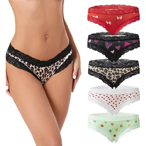 5-pack Sexy Lace-Trimmed Women's Low-Rise Panties - Leopard & Heart Print, Breathable Stylish Underwear