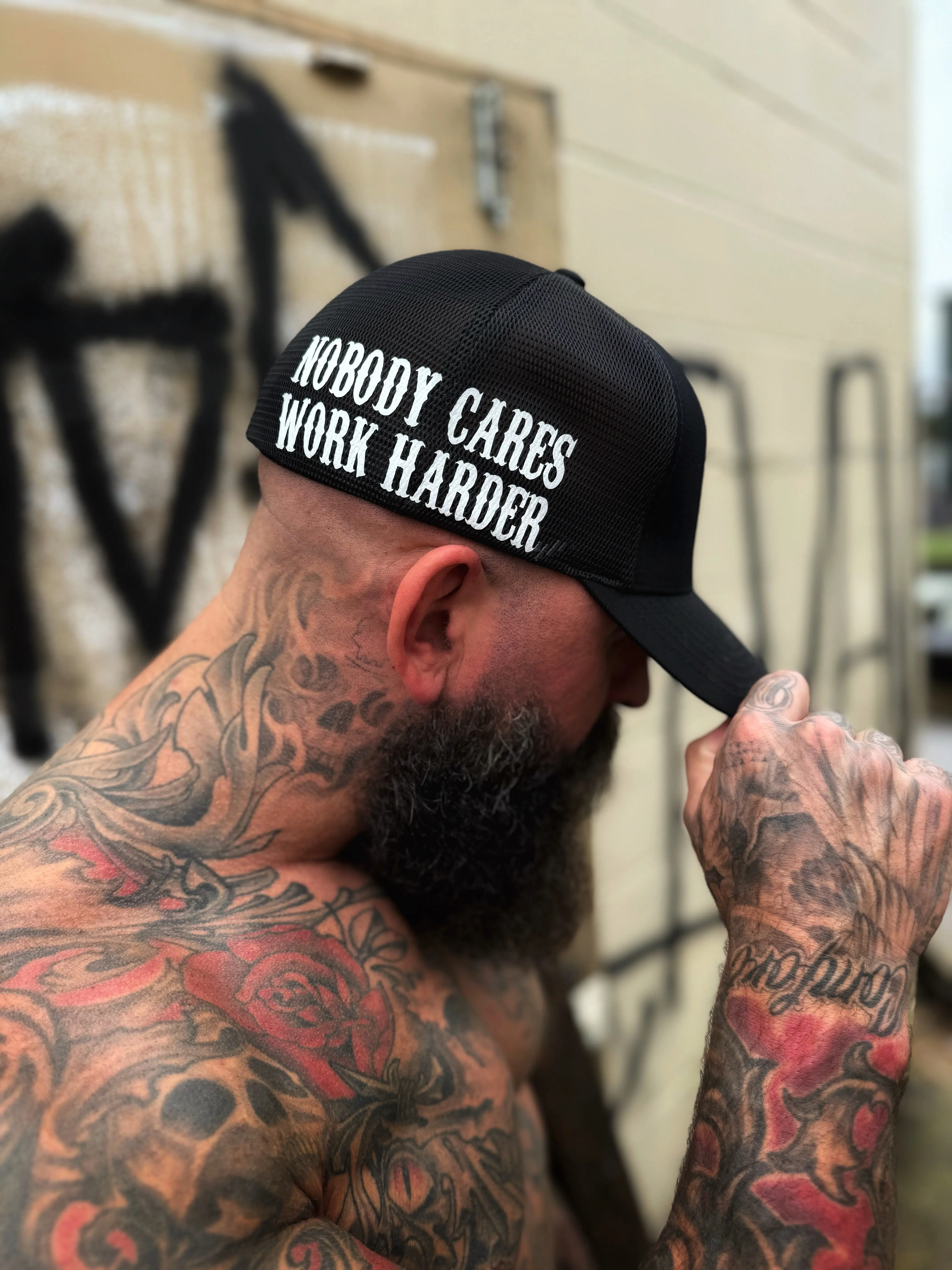 Thedriveclothing NOBODY SIDE STYLE Flexfit Trucker Hat - Black Fitted Cap, Heather Jersey Front, Soft Mesh Back, Breathable Panels, Unisex Mid Profile Custom Fit Hats, Streetwear & Casual Wear