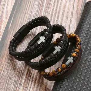Men's Cross Leather Braided Bracelet Natural Stone Multilayer Wristband Boho Style Magnetic Closure Daily Wear Jewelry For Him