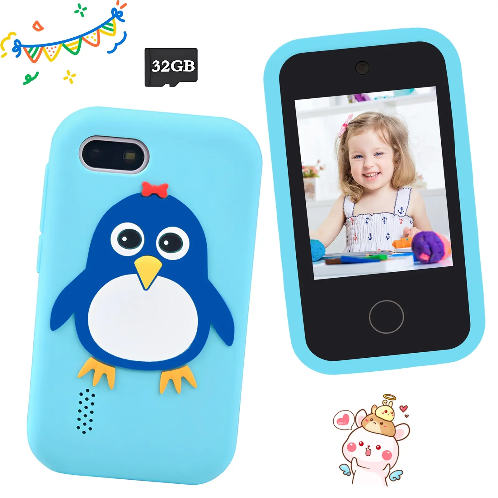 2.8 Inch Touch Screen Kids Smartphone Toy with Dual Camera & Music Player Fun Photo Stickers, Penguin Soft Anti-Drop Case Design, Perfect Easter Christmas Gift for 3-12 Year Old Boys & Girls, Back to School Gift, 32GB Card