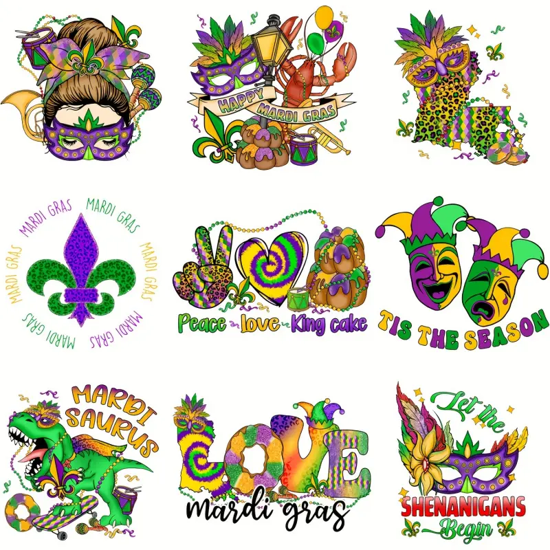 9-Piece Carnival Theme Hot Transfer Stickers - Washable and Durable, Suitable for DIY T-Shirts, Jackets, Jeans, Hats, and Backpacks.