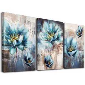 Framed Canvas Wall Art For Living Room Family Wall Decor For Bedroom Abstract Blue Flowers Wall Paintings Office Decor Modern Wall Decorations For Kitchen Wall Pictures Artwork 12" X 16" 3 Piece