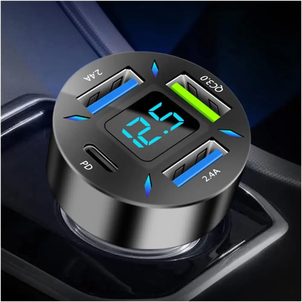 4 Ports USB Car Charger USB Adapter with Voltmeter, Type C Port PD 3.1/QC 3.0 Super Fast Charging Car Cigarette Lighter Plug For iPhone 14 For iPhone 13 For iPhone 12 For S22 For S21 For S20 For iPad Pro & More Mobile Phone (Black)