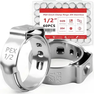 60 count 1/2 inch Pex Crimp Rings Stainless Steel PEX Clamps Single Ear Hose Clamps Pex Fittings Cinch Pinch Clamp for Pipe Tubing Plumbing