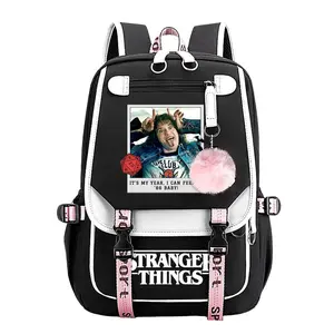 Stranger Things Trendy Youth Laptop Backpack,11.4''×18.1'' Large Capacity Multi Pocket School Bag with Pom Pom Charm, Adjustable Breathable Straps Perfect Back To School Gift
