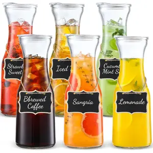 6-Piece Set Glass Water Bottle with Lid, 1 Liter Beverage Tableware Glass Water Bottle, Mimosa Bar Transparent Glass Water Pitcher, Breakfast, Cold Water, Juice, Milk, Iced Tea, Lemonade