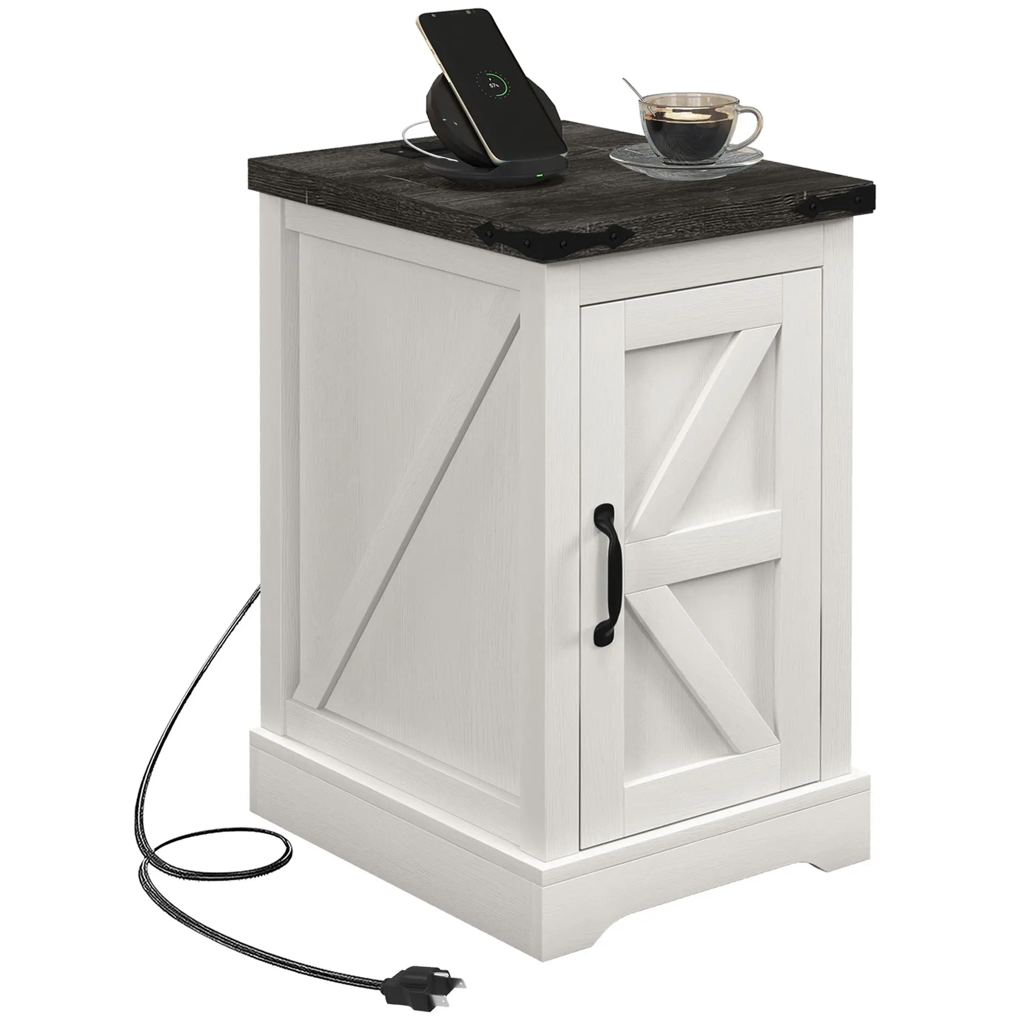 HOMCOM Farmhouse Distressed White End Table - Modern Accent Tables with Charging Station, USB Ports, Storage Cabinet for Living Room, Multi-Purpose Bedside Tables