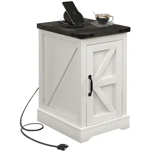 HOMCOM Farmhouse Distressed White End Table - Modern Accent Tables with Charging Station, USB Ports, Storage Cabinet for Living Room, Multi-Purpose Bedside Tables