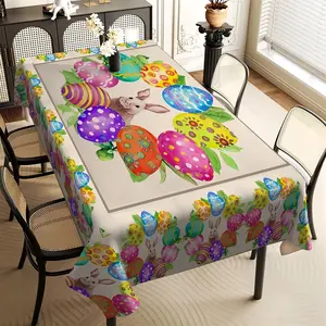 JIT 1pc 2D flat Easter bunny, colorful egg, and floral pattern rectangular tablecloth, for kitchen, living room, and dining table, kitchen accessory, party, room & outdoor decorative tablecloth, a tablecloth gift for friends
