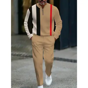 European and American men's 2-piece khaki sports suit (black and red stripe embellishment) |   Half open collar, contrasting design |   Skin friendly soft fabric, comfortable skin hugging |   Suitable for daily and weekend wear, casual and fashionable sty