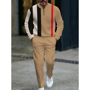 European and American men's 2-piece khaki sports suit (black and red stripe embellishment) |   Half open collar, contrasting design |   Skin friendly soft fabric, comfortable skin hugging |   Suitable for daily and weekend wear, casual and fashionable sty