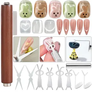 Cat Eye Nail Art Magnetic Kit: 3-in-1 Wooden Handle Double-Ended Magnetic Pen (with Steel Balls) + Y-Shaped / Rabbit / Scissors Guide Plates + Small Magnetic Wand | Effortlessly Create Heart, Line & French Cat Eye Effects | A Must-Have for DIY & Salon