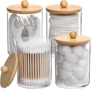 4 Pack Qtip Holder, 10-Ounce Bathroom Organizer Accessories Storage Containers Clear Plastic Apothecary Jars with Bamboo Lids for Cotton Ball, Cotton Swab, Floss