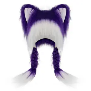 Soft Furry Animal Ear Hat with Braids for Cosplay & Winter Party Looks Masks Whitepink