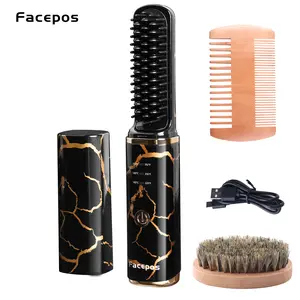 FACEPOS Wireless Electric Heated Beard Comb with Elegant Crackle Pattern + Bonus Beard Brush & Wooden Comb for Ultimate Grooming  beard comb for men