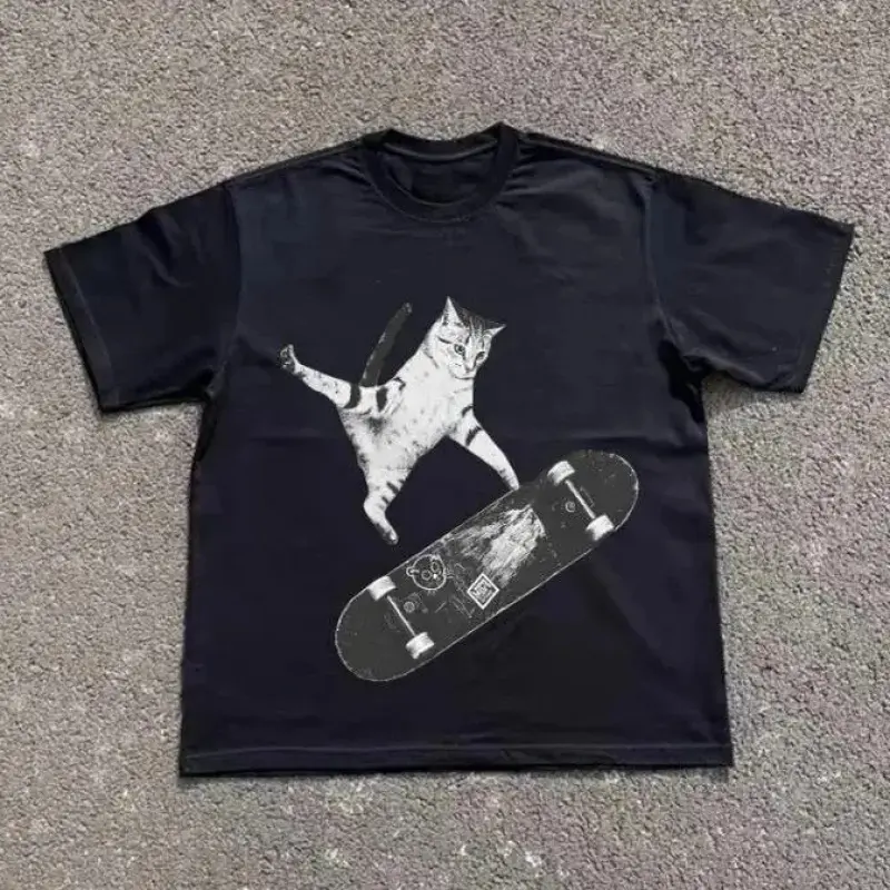 HUE&STITCH  [100% Cotton] Skateboarding Cat T-Shirt, Y2k Cat Shirt, Animal Tee Gifts Shirt Unisex Vintage Graphic Tees Gothic Grunge Emo Scene Amity Affliction Style Clothes