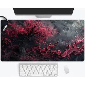 1pc 11.8x31.5in Mouse Pad Large Sakura Cherry Blossom Gaming Mouse Pad- Pink& Black Wave Pattern, Non-Slip Base, Smooth Surface for PC, Computer, Office& Gaming Setup, Dark Aesthetic