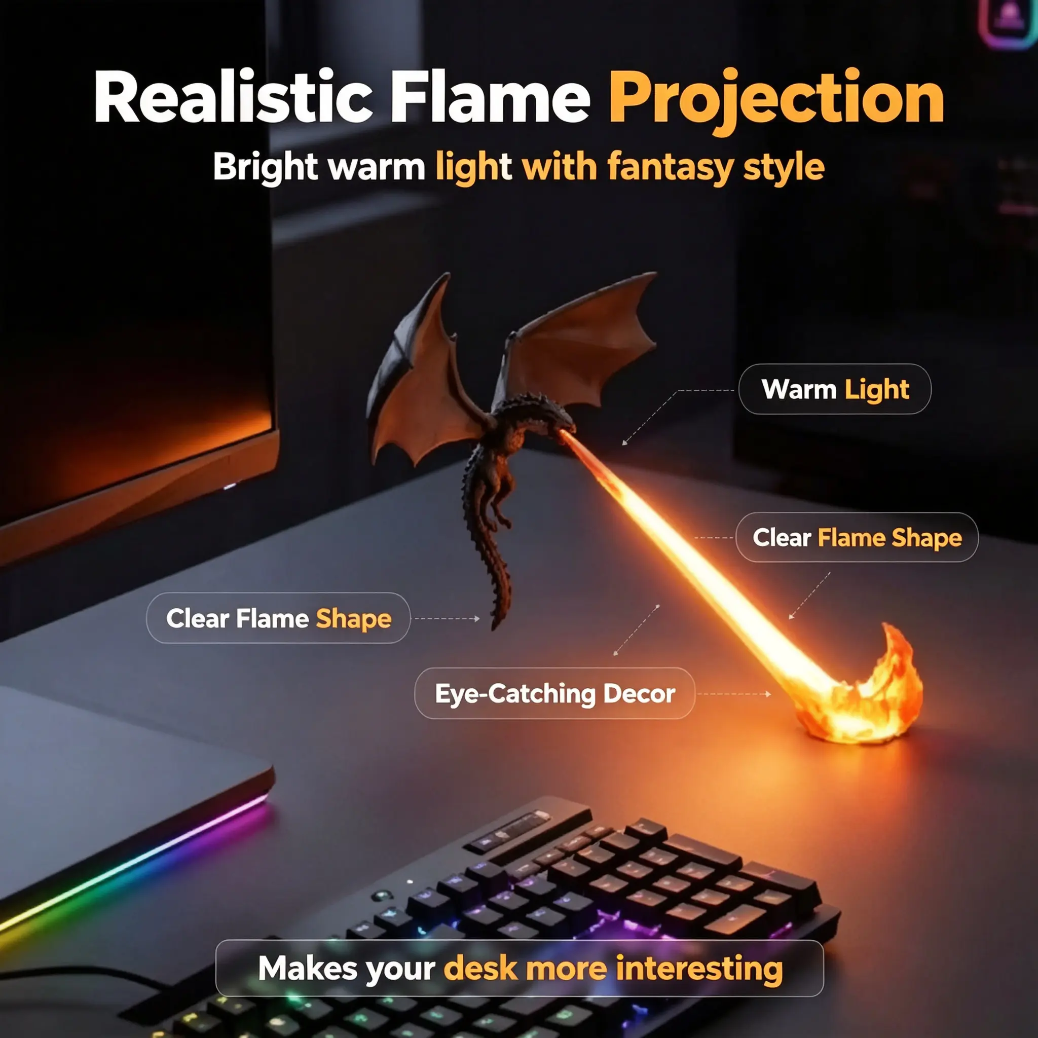 3D Mythical Dragon 3D Night Light - Compact Fantasy LED Flying Dragon Lamp, Plain Custom Figurine Statue, Home Decor for Bedroom Desktop Collectible Sculpture