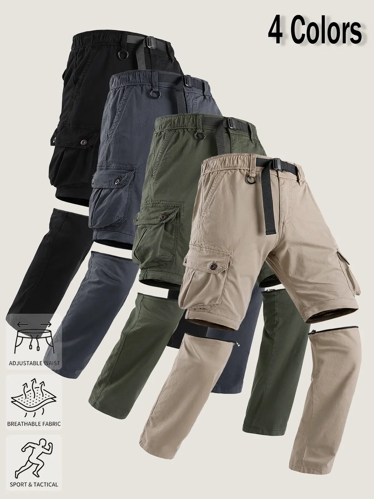 2-pack cargo pants with a detachable zipper and two ways to wear them—long pants can switch to shorts—featuring a multifunctional tactical design suitable for mountaineering, hiking, outdoor camping, long-distance travel, and other outdoor activities.
