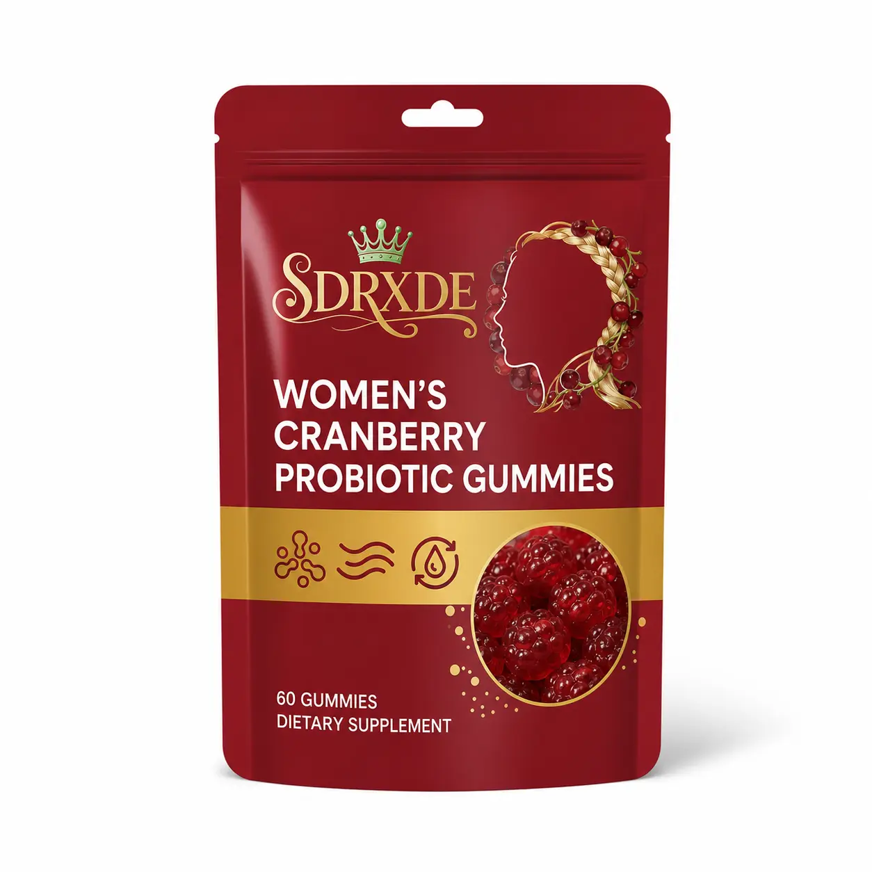 SDRXDE Women's Cranberry Probiotic Gummies, No Added Sugar Gluten Free, Berry Shaped Chewable Gummies with Cranberry Ashwagandha Chasteberry Extract, 60 Gummies 30 Daily Servings