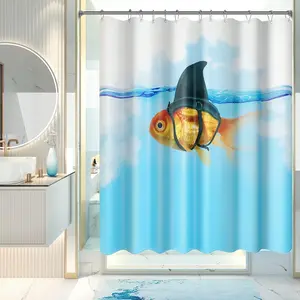 Goldfish with Shark Fin Shower Curtain – Fun Whimsical Bathroom Decor, Waterproof Polyester, 72x72 inches, Machine Washable with Hooks