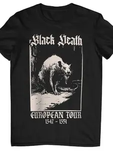 Black Death Medieval Rat Print Short Sleeve T-Shirt 100% Cotton Relaxed Fit Unisex Apparel with Vivid Graphics