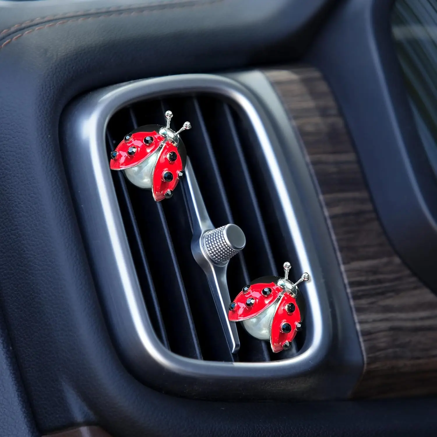 Ladybug Car Air Vent Clip Fresheners - Round, Reusable, Black Rhinestones Car Interior Accessories with Fresh Scent, Refillable Diffusers for Women Teens, Cars Accessories, Girly Car Accessories
