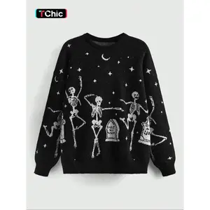 WOMEN'S CREW NECK PULLOVER SWEATER WITH STREET-STYLE SKULL DESIGN, PERFECT FOR ATTENDING COSTUME PARTIES AND AUTUMN FASHION, A COMFORTABLE AND TRENDY HALLOWEEN OUTFIT
