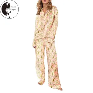 Women Christmas Pajamas Set 2 Pieces Loungewear Suits Bow/Santa/Tree Print Long Sleeve Shirts Tops and Pants Sleepwear Outfits