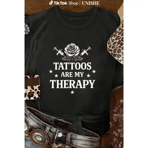 Black Short Sleeve T-Shirt with "Tattoos are my therapy" Slogan – Lightweight & Durable Casual Wear