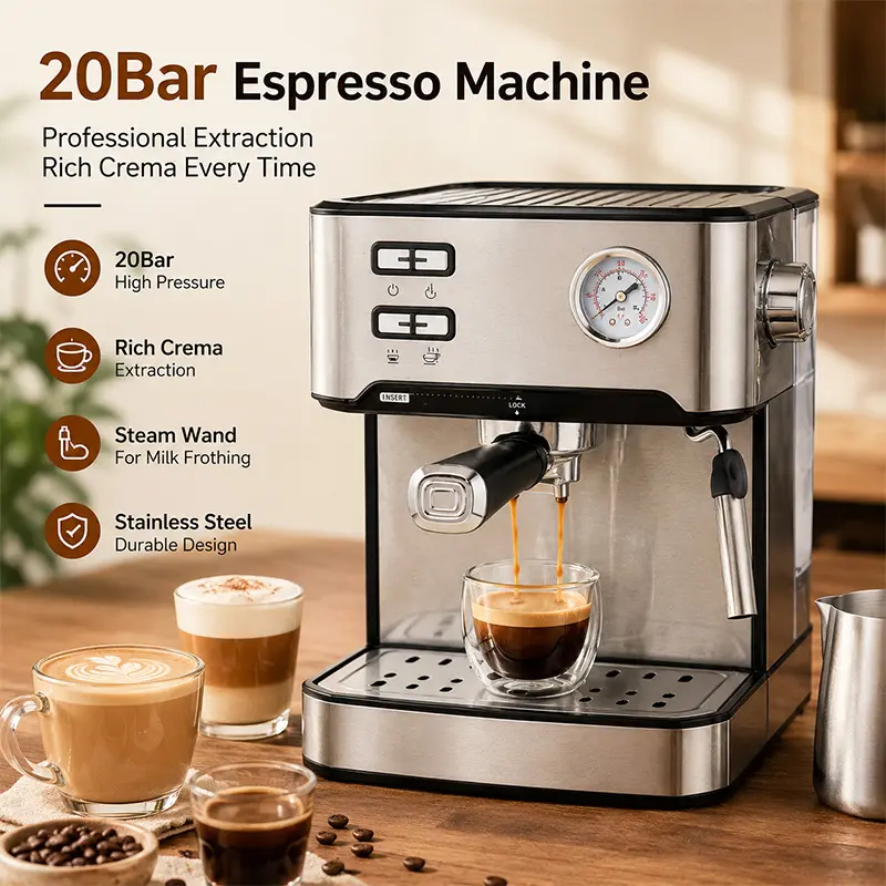 20Bar Espresso Machine with High Pressure, Rich Crema, Steam Wand, and Stainless Steel Design for Professional Extraction
