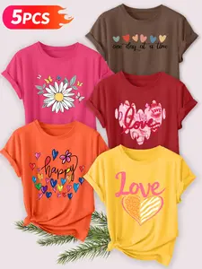 Women's 5-Pack Casual Crew Neck T-Shirt, Colorful Heart Slogan, Daisy & Butterfly, Lip Print Love,  & Love Heart Print, Multiple Colors Available, Machine Washable, Spring & Summer Top, Soft Skin-Friendly Fabric, Daily Versatile, Fashion Design