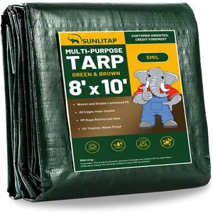 8x10Ft Tarp Cover 5 MIL Waterproof Poly Tarps, Light Duty Tarpaulin with Grommets, Reinforced Edges, Rip & Tear Proof, Multipurpose Finished Size Tarp for Cars, Boat, Roof, Camping - Green fun