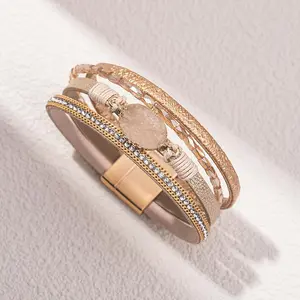 1pc Leather Wrap Bracelets Bohemian Crystal Bracelets Trendy Layered Bracelet with Magnetic Clasp Stackable Jewelry for Women, Prefect gift for Birthday/ Chirstmas/ New Year's Eve/ Anniversary/ Mother's day