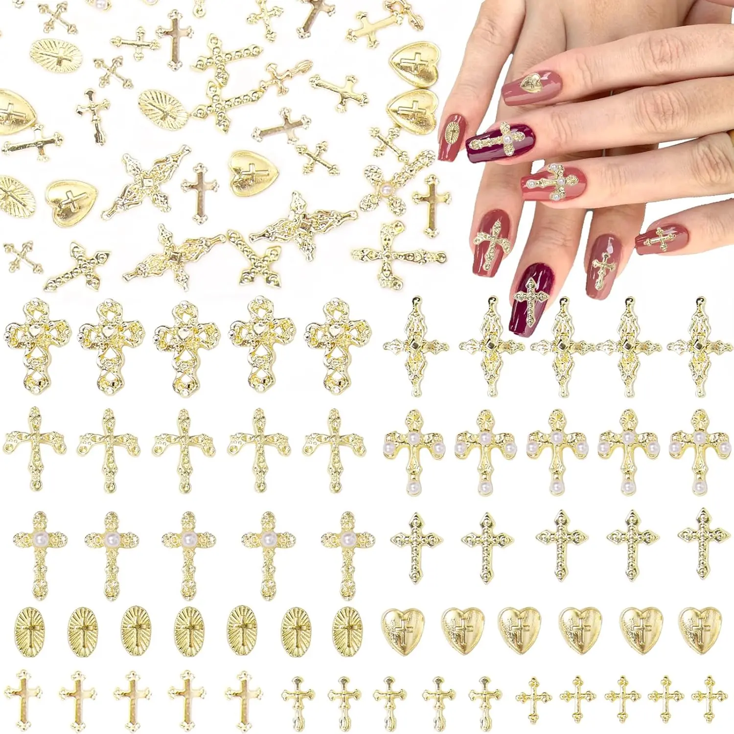 110 Pcs Gold Cross Nail Charms, Golden Crosses Nail Gems Charms, 11 Styles Y2K Shiny Gold Cross Alloy Nail Jewelry Charms for Nail Supplies DIY Accessories