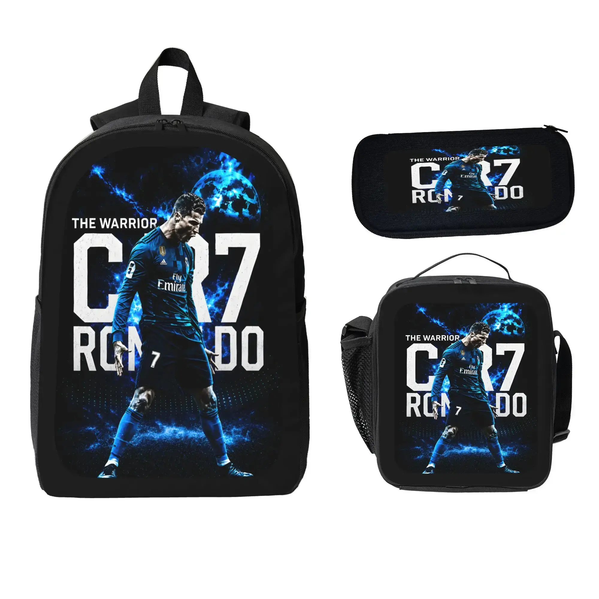 Men's CR7 Football Printed 3PCS Coordinated Bag Set - 17in Spacious Main Compartment Soccer Backpack, Adjustable Shoulder Straps Shoulder Bag, Pencil Case, Lightweight Casual Sports Bookbag for Teens, Girls, Christmas Gift