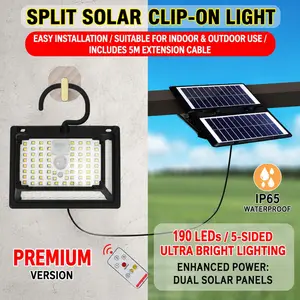 190 LED Solar Motion Sensor Flood Light, 5-Sided Ultra Bright Lighting, Clip-On & Hanging Design, Solar + USB Charging, 16.4FT Extension Cable, IP65 Waterproof Outdoor Security Light