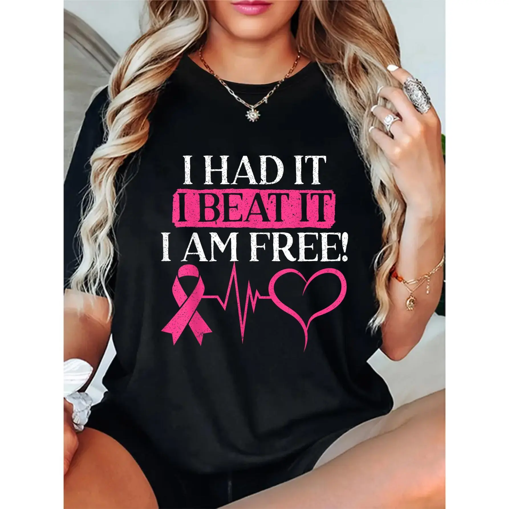 [ 100% Cotton]Breast Cancer Awareness T-Shirt for Women - "I Had It, I Beat It, I Am Free" Pink Ribbon Design, 100% Cotton, Short Sleeve, Crew Neck