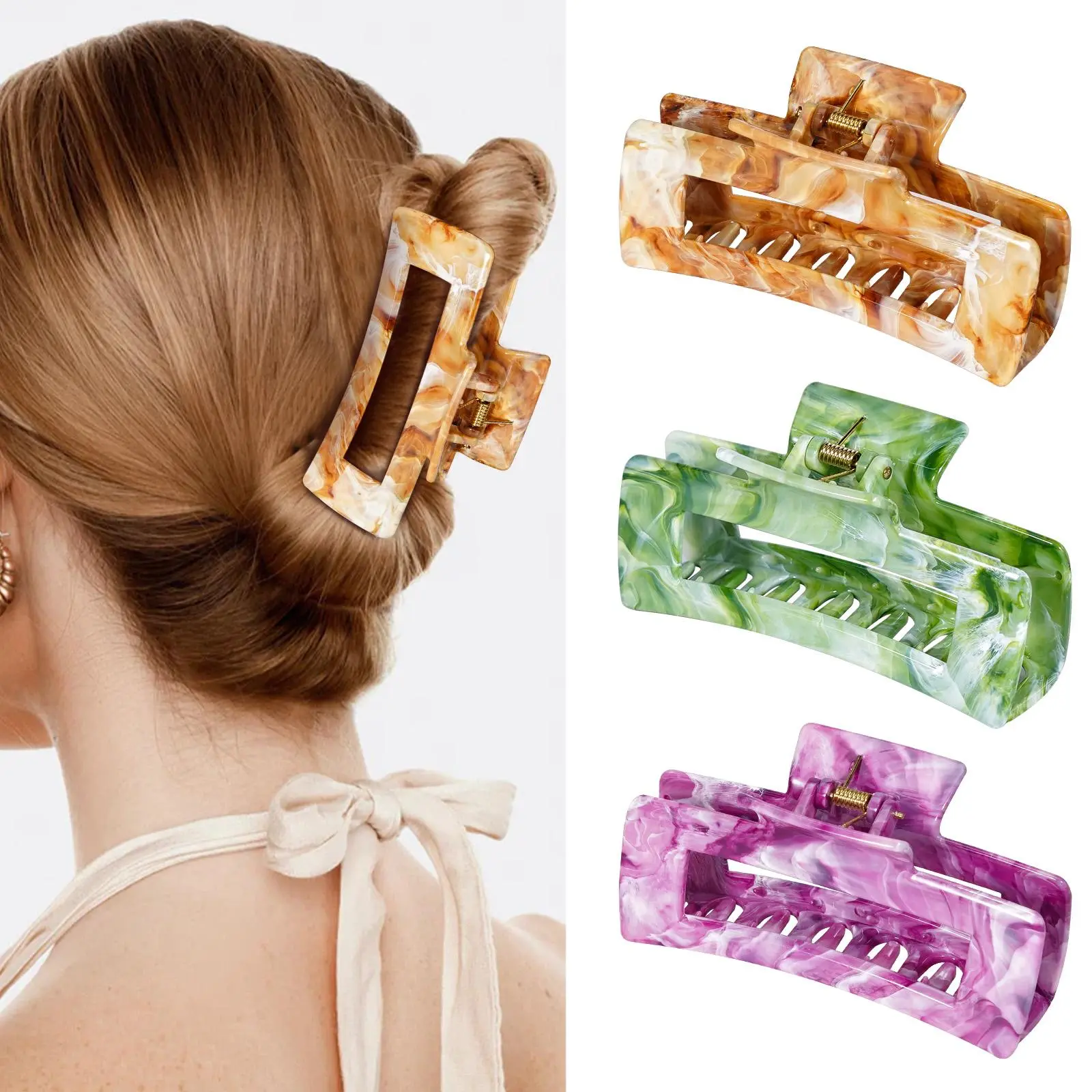 3PCS Hair Clips, 4.1in Non-slip Medium Claw Clips for Thin Hair, Strong Hold Jaw Hair Claw, Reference Ink Painting Design, Hair Accessories for Teen Girls Women Gifts(Brown&Green&Purple) Hair Pin Set Wavy