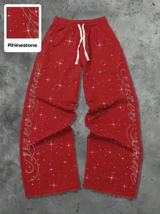 Women's Cotton Blend Sweatpants, Casual Streetwear, Drawstring Waist, Full Length, Baggy Fit, with Rhinestone Print, All Seasons