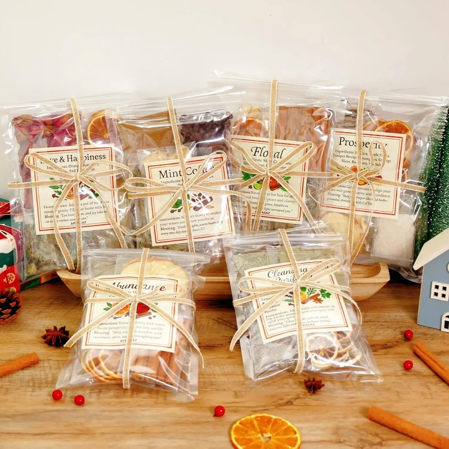 6-Pack Nature-Infused Simmer Pot Kit, Aroma Fragrance Potpourri Set with Love & Happiness, Abundance, Cleansing & Purifying, Floral, Prosperity, Mint Coffee Scents for Xmas, Fall House Warming Gifts