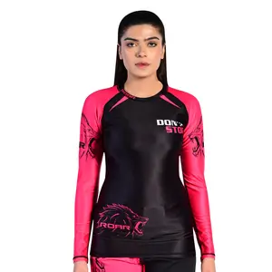 ROAR-INT Pink-Black Women MMA BJJ Jiu-Jitsu No-Gi Grappling Fight Gear Full Sleeve Rash Guard