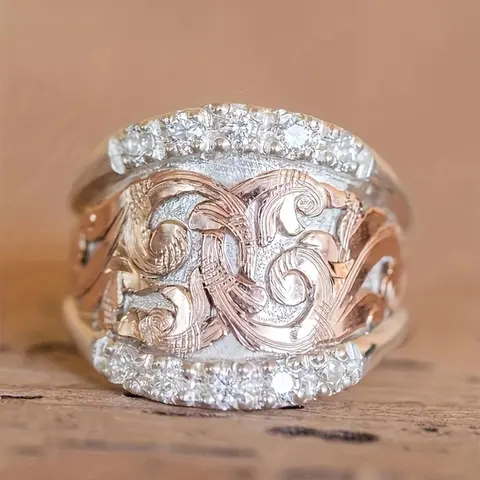 Vintage Zircon Floral Textured Metal Ring, Elegant Ring, Beautiful Rings, Signet Ring, Fashion Stackable Ring, Stackable Finger Rings Accessories for Women & Girls Wedding Party