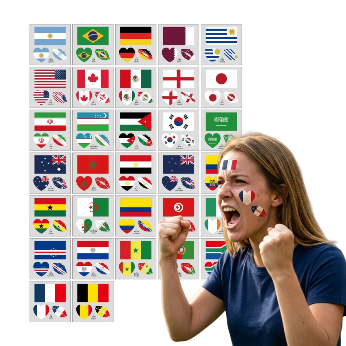 Football Face Stickers Temporary Tattoos 48 PCS Waterproof National Flag Body Art for Sports Fans Team Support Game Day Party Decorations Festival Supplies