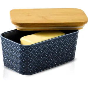 Ceramic Butter Dish with Lid, Large Airtight Butter Container for Countertop or Refrigerator, Farmhouse Butter Holder for Kitchen Gifts, Dishwasher Safe, Navy Blue Embossed Pattern