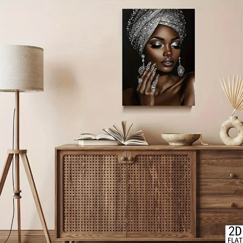 Silver Color Glitter Embroidered African Woman Canvas Wall Art, Unframed Room Decoration for Bedroom Office Living Room Cafe Bar Home Dorm