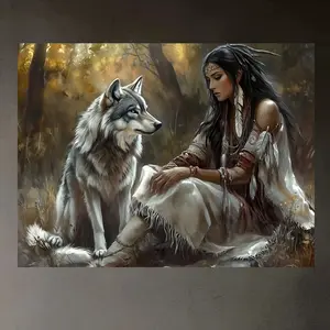 Indian Wizard and Wolf Mural, Traditional Indian Costume, Forest Scenery, 16-12 Inch Poster, Canvas, Living Room, Bedroom, Corridor, Office, Decorative Mural, Frame, 2D, Halloween
