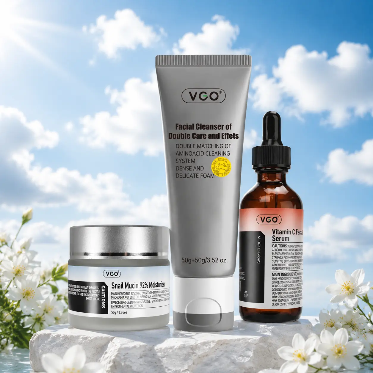 VGO Hydration Daily Skincare Routine Set - Lightweight Snail Mucin Cream, Facial Cleanser, Hydrating Facial Serum, Suitable for All Skin Types, Smooth